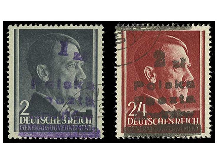 1945, GG Hitler 2 und 24 Gr. mit Aufdruck II bzw. III und Gefälligkeitsstempel, 24 Gr. sign. Krawczik