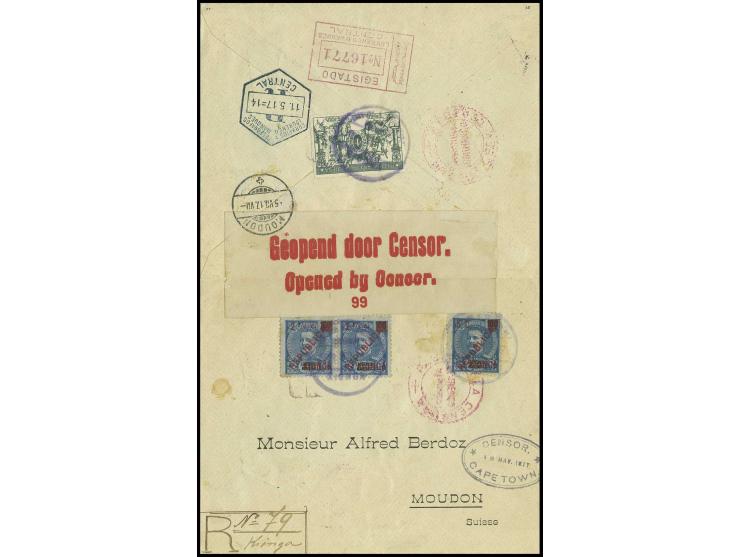 1916, 2 1/2 C. im waagerechten Paar und 5 C. mit violettem Stempel "KIONGA" auf R-Brief mit handschriftlichem R-Vermerk, rück
