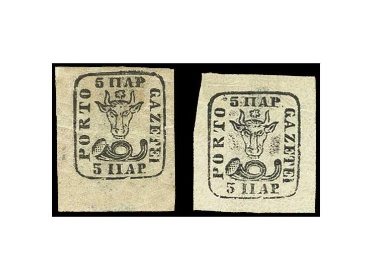 1858, 5 P. schwarz, zwei ungebrauchte Einzelwerte, einer mit großem Teil des Originalgummis, sign. Heimbüchler BPP (Mi. 400,-