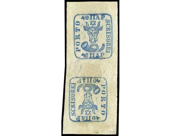 40 P. blau im senkrechten tête-bêche-Paar, farbfrisch und allseits breitrandig, ungebraucht mit Originalgummi, dieser an eine