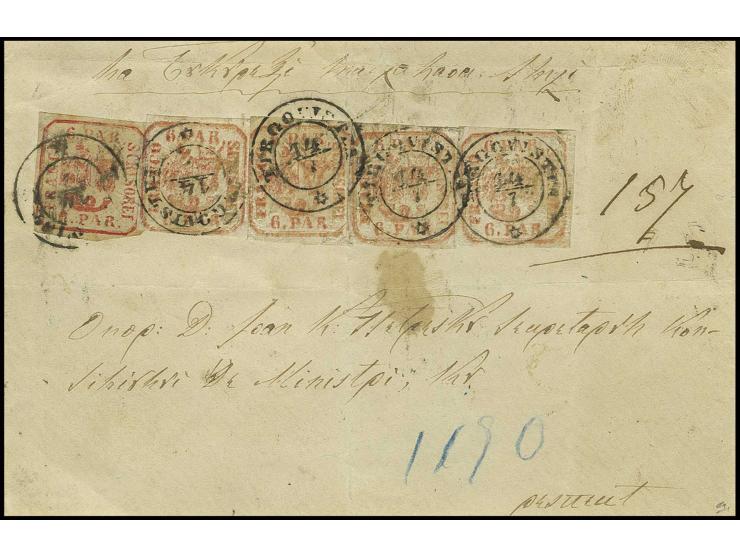 1862, 6 Par. rot, 5 Einzelwerte mit DKr. "TIRGOVISTEA 14/7"  auf Briefvorderseite; senkrechte Faltung zwischen zwei Marken ve