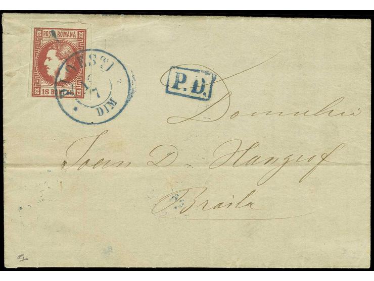1868, 18 B. ziegelrot, Type 1, voll- bis breitrandig mit blauem DKr. "PLOESTI 1../7" auf Faltbrief nach Brailia, Pracht, sign