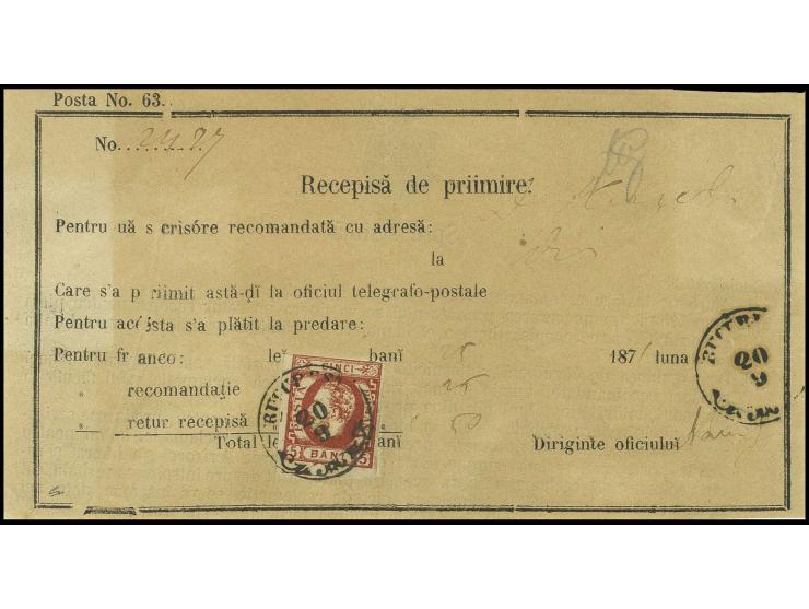 1871, Karl mit Vollbart 5 B. rot, Type 3, mit DKr. von Bukarest auf Recepisse