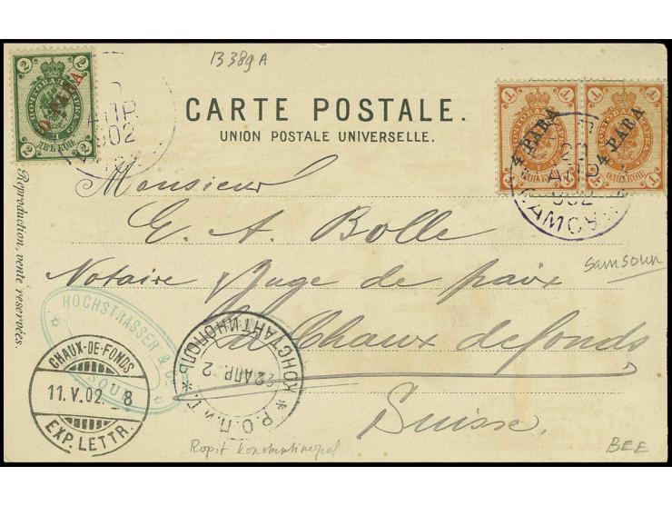 1900,  4 Pa. auf 1 K. gelblichorange (2, 1 Wert Randklebung) mit 10 Pa. auf 2 K. grün auf Ansichtskarte von "ROPIT SAMSUN  22