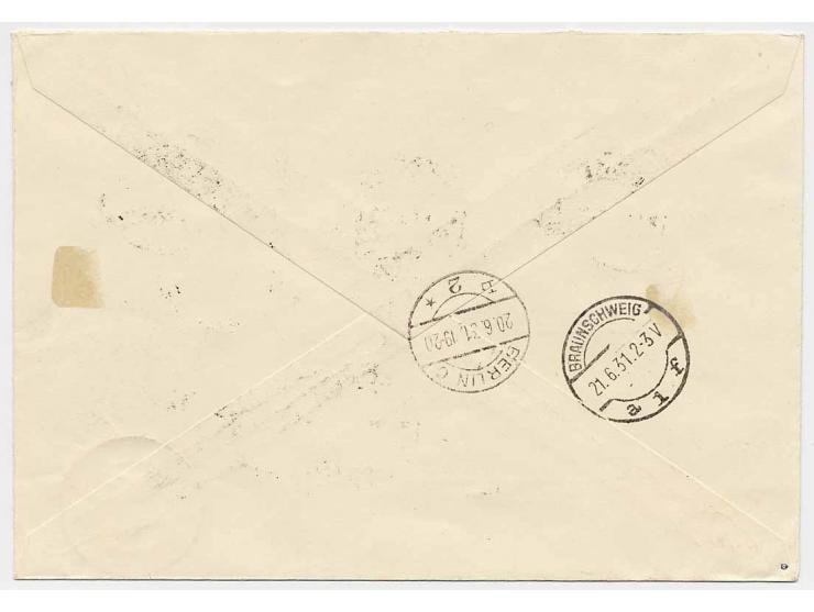 1931, Luftschiffbau 10 K.-1 R. geschnitten kpl. auf Luftpost-R-Brief nach Deutschland mit Ankunfts- und Bestätigungsstempel