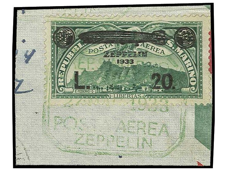 1933, Zeppelin 3-20 L. kpl. mit grünem Sonderstempel der Italienfahrt auf 6 Briefstücken, Pracht (Mi. 800,-)