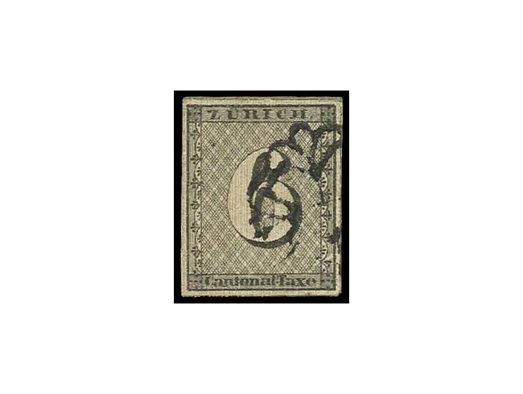 1843, 6 Rp. schwarz/dunkelbräunlichrot, Type II mit senkrechtem Unterdruck, allseits gut gerandet, entwertet mit schwarzer Zü