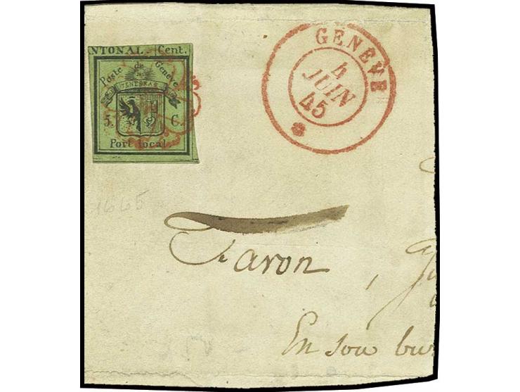 1843, Doppelgenf 5 C., rechte Hälfte, oberer Schriftkasten angeschnitten, sonst gut gerandet und farbfrisch, entwertet mit ro