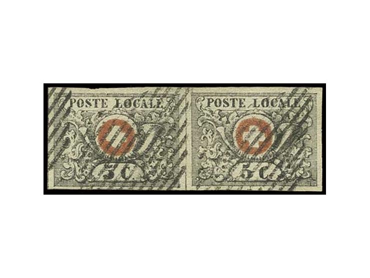 1849, Waadt 5 C. schwarz/rot im waagerechten Paar, sehr gut gerandet und sauber gestempelt, bis auf einen kurzen geschlossene