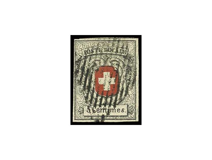 1851, Neuenburg 5 C. schwarz/rot, voll- bis breitrandig mit zentrischer eidgenössischer Raute, Pracht, sign. Moser-Räz mit Fo