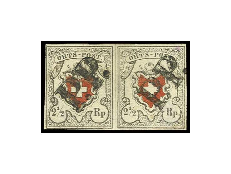 1850, 2 1/2 Rp. schwarz/rot, waagerechtes Paar der Typen 23 und 24, allseits gut gerandet mit jeweils schwarzem "P.P." aus de