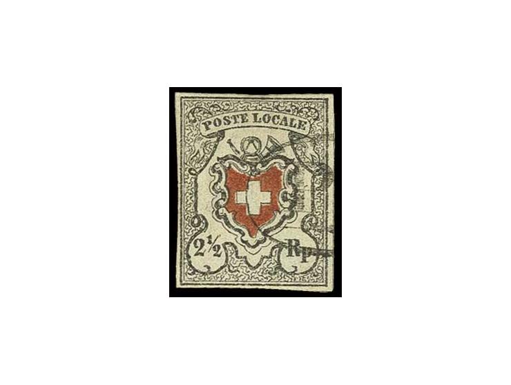 2 1/2 Rp. schwarz/rot, gut gerandet und entwertet mit Tessiner "P.P." im Oval (AW Nr. 288), im Oberrand kleiner Fehler verkle