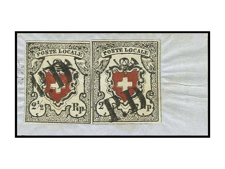 2 1/2 Rp. schwarz/bräunlichrot, zwei Werte, jeweils kleine Stelle leicht berührt, sonst voll- bis breitrandig mit jeweils kla