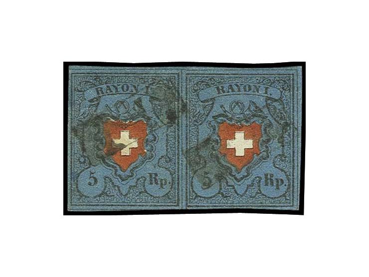 5 Rp. schwarz/dunkelblau/rot im waagerechten Paar der Typen 7 und 8, allseits gut gerandet mit jeweils Ra. "P.P." (AW Nr. 276