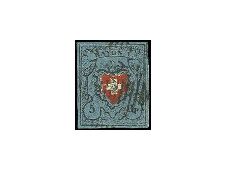 ohne Kreuzeinfassung: 5 Rp. schwarz/rot/graublau, Type 40, allseits breitrandig, gestempelt, Pracht, Fotobefund Renggli