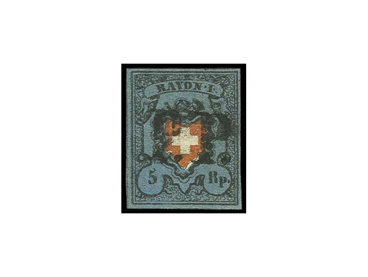 5 Rp. grauschwarz/graublau/karmin, Type 10, allseits voll- bis breitrandig mit schwarzem "PP", Pracht, Fotobefund Renggli