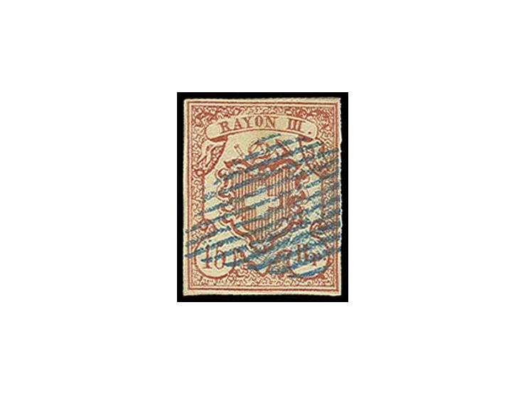 1852, 15 Rp. dunkelkarmin, Type 3, OM I, allseits voll- bis breitrandig mit blauer eidgenössischer Raute, Pracht, Fotobefund 