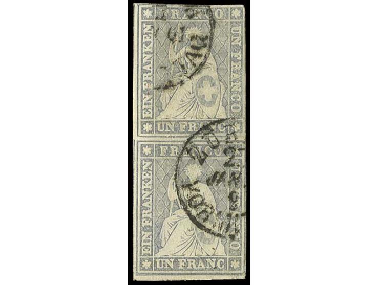 1 Fr. violettgrau im senkrechten Paar, rechts und oben berührt, links breit gerandet und unten schmaler Teil des Bogenrandes,