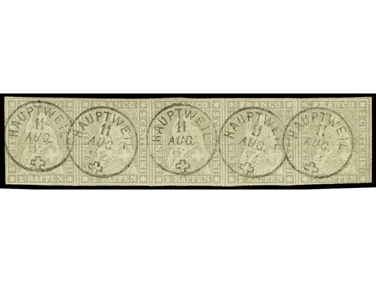 1862, 2 Rp. grau im waagerechten Fünferstreifen, meist gut gerandet und lediglich unten rechts tangiert, jede Marke mit saube