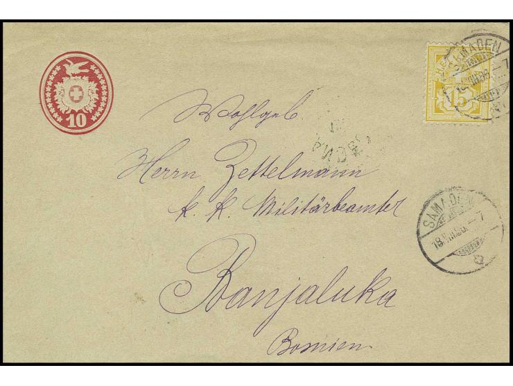 15 C. dunkelbraungelb als Zusatzfrankatur auf Ganzsachenumschlag Tübli 10 C.von "SAMADEN 18 VIII 86" nach Banjaluka (Bosnien)