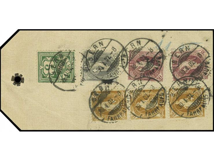 auf Faserpapier: 5 C. grün, 40 C. türkisgrau, 1 Fr. bräunlichlila (2) und 3 Fr. braunocker (senkrechter 3er-Streifen) als Fr.