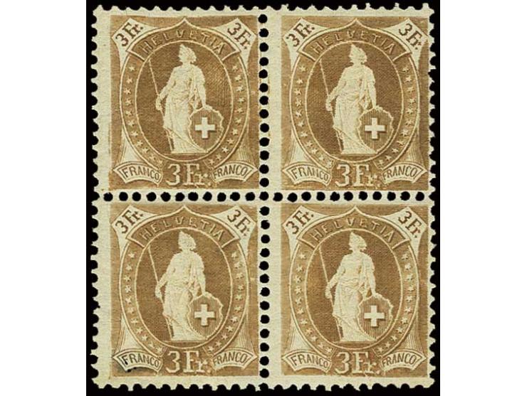 1905, Stehende Helvetia 3 Fr. im 4er-Block, jeweils zwei Werte postfrisch bzw. mit Falzspur, Kabinett (Mi. 1900,-)