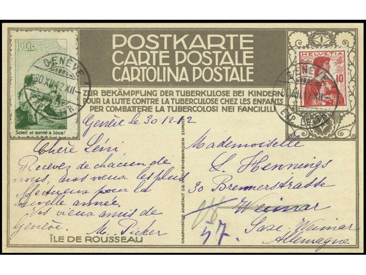 10 Cts., sauber gestempelt "GENEVE 30.XII.12" auf Sonderkarte nach Deutschland, Kabinett (Mi. 750,-)