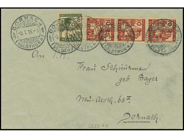 1915, Pro Juventute 10 C. im senkrechten 3er-Streifen mit 5 C., gestempelt "DORNACH 5.1.16" auf Ortsbrief, Pracht (Zumstein f