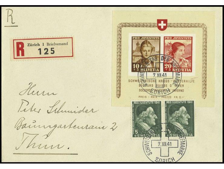 1941, Pro-Juventute-Block mit Zusatzfrankatur auf portogerechtem R-Brief von "ZÜRICH 7.XII.41" nach Thun mit Ankunftsstempel,