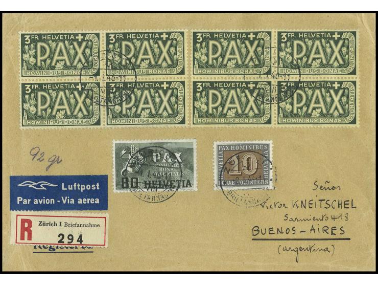 3 Fr. in zwei 4er-Blocks mit Zusatzfrankatur, gestempelt "ZÜRICH 1.1.46" (ein Wert der Zusatzfrankatur "2.1.46") auf R-Flugbr