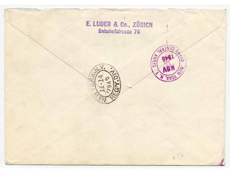 3 Fr. im waagerechten Paar mit 30 C. und 1 Fr. auf R-Flugbrief von "ZÜRICH 5.11.45" nach New York mit Ankunftsstempel
