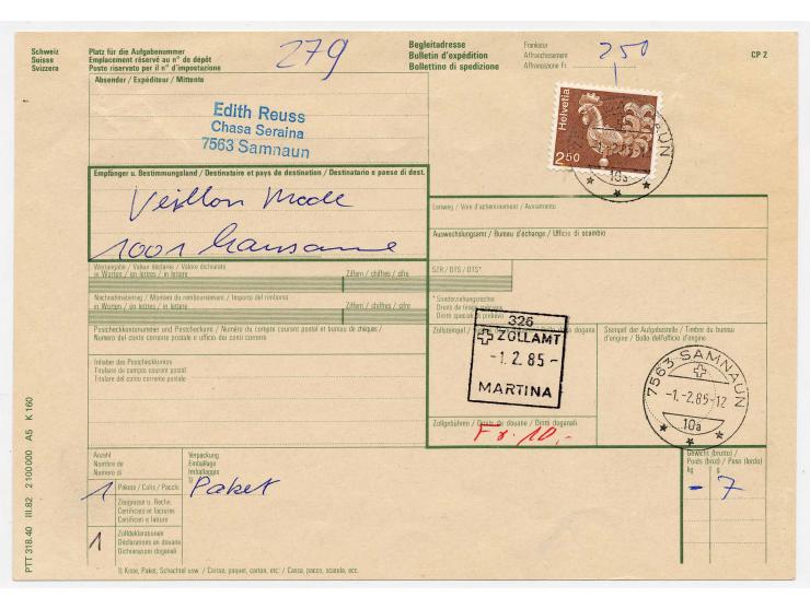 1975/84, Turmhahn 2,50 Fr. a. normalem Papier im Viererblock, postfrisch, sowie als Einzelfrankatur auf Paketkarte von "SAMNA