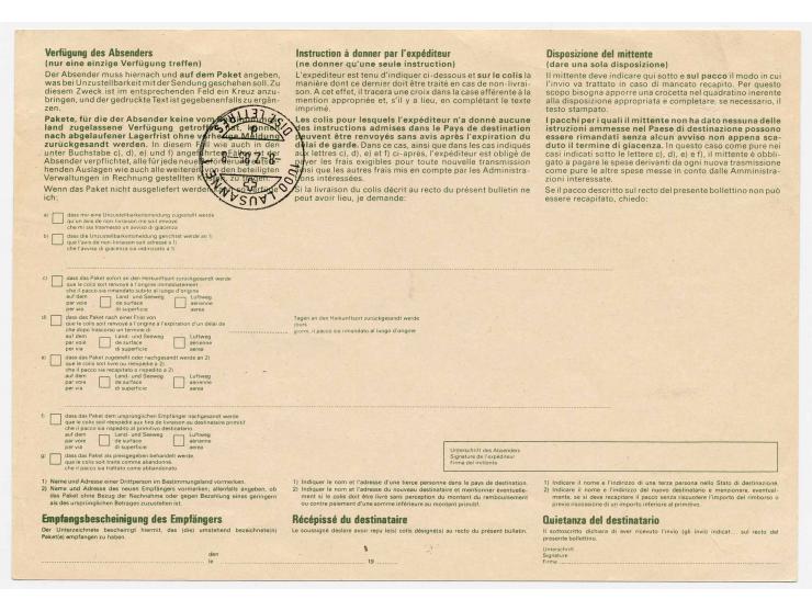 1975/84, Turmhahn 2,50 Fr. a. normalem Papier im Viererblock, postfrisch, sowie als Einzelfrankatur auf Paketkarte von "SAMNA