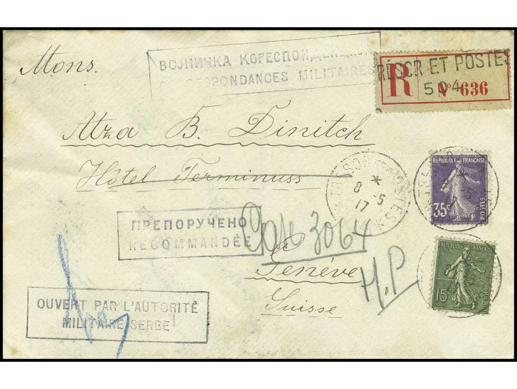 R-Brief von Saloniki nach Genf mit Semeuse 15 C. und 35 C. mit Stempel "TRESOR  ET POSTES*504*8-5 17", nebengesetzt Ra2 "OUVE