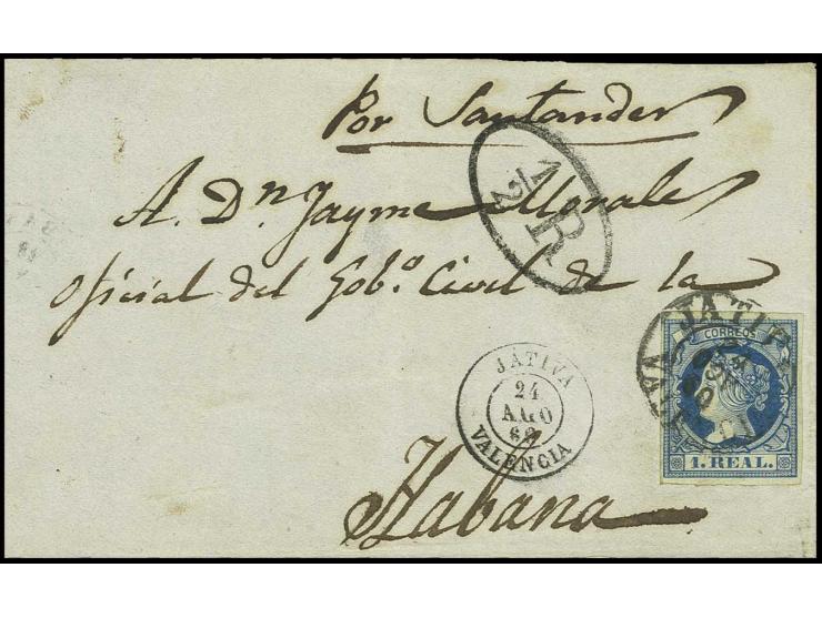1  R. blau auf grünlich, farbfrisch und allseits gut gerandet mit DKr. "JATIVA VALENCIA 24 AGO 60"  in Type I und nebengesetz
