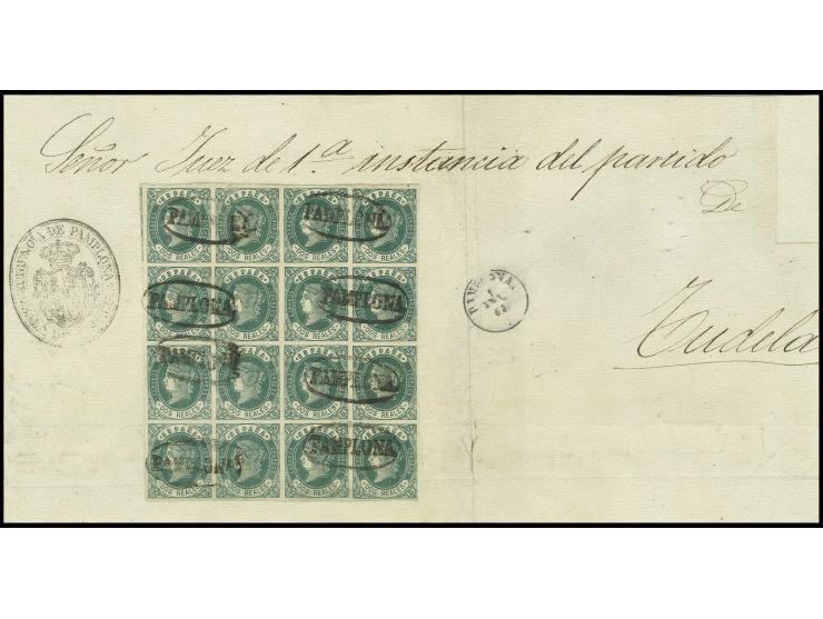 2 R. grün im 16er-Block mit sauberem Ovalstempel "PAMPLONA" auf großem Briefteil mit nebengesetztem "PAMPLONA 1 JAN 63" nach 