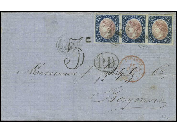 1865, geschnittene Ausgabe: 12 Cs. blau/rosa im waagerechten 3er-Streifen, voll- bis breitrandig mit DKr. "TOLOSA 16 ABR 65" 