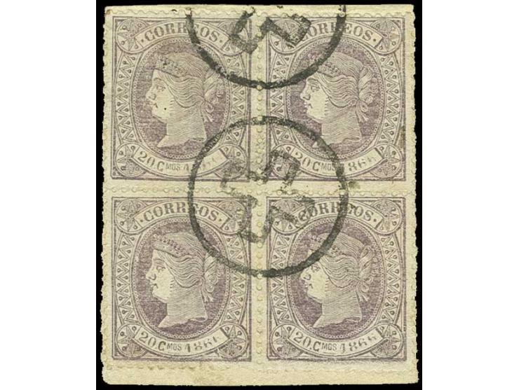 1866, 20 C. lila im 4er-Block mit stummem Stempel von Cuenca (Kreuz im Kreis) auf Briefstück; sehr selten (Edifil-Nr. 86)