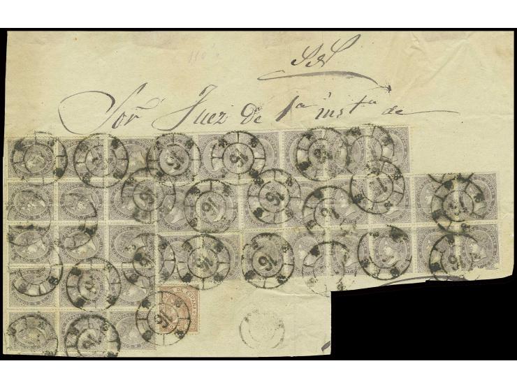 1867, 20 C. lila im waagerechten 15er-Block sowie im 22er-Block, zusammen mit 50 M. braun auf großem Teil eines Gerichtsbrief