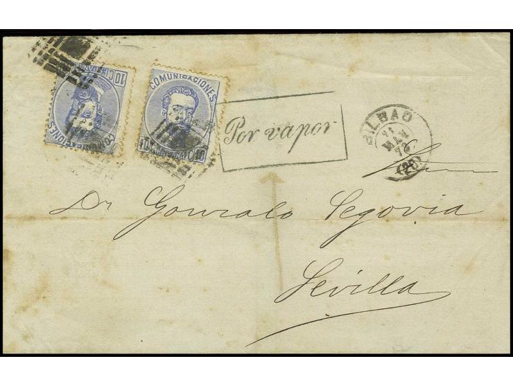 1873, Amadeos 10 C. blau, zwei Einzelwerte mit Rhombenstempel auf Brief von "BILBAO 21 MAY 73" nach Sevilla mit nebengesetzte