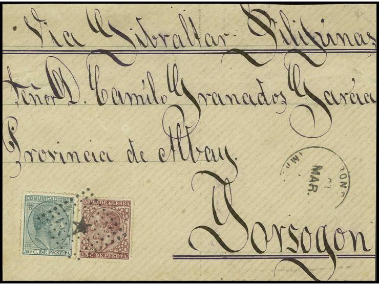 1878, Alfonso 50 C. grün mit Kriegssteuermarke 15 C. braun, übergehend gestempelt auf Briefvorderseite von Ronda nach Sorsogo