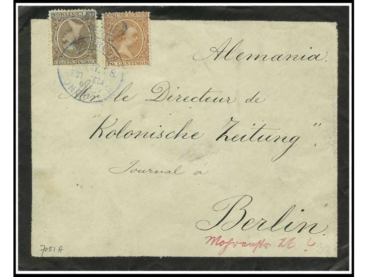 1889, 10 C. rötlichbraun und 15 C. violettbraun mit blauem Krone-Stempel "CORREOS .. MAY 98 ESTA FETA DEL CONGRESSO" auf Trau