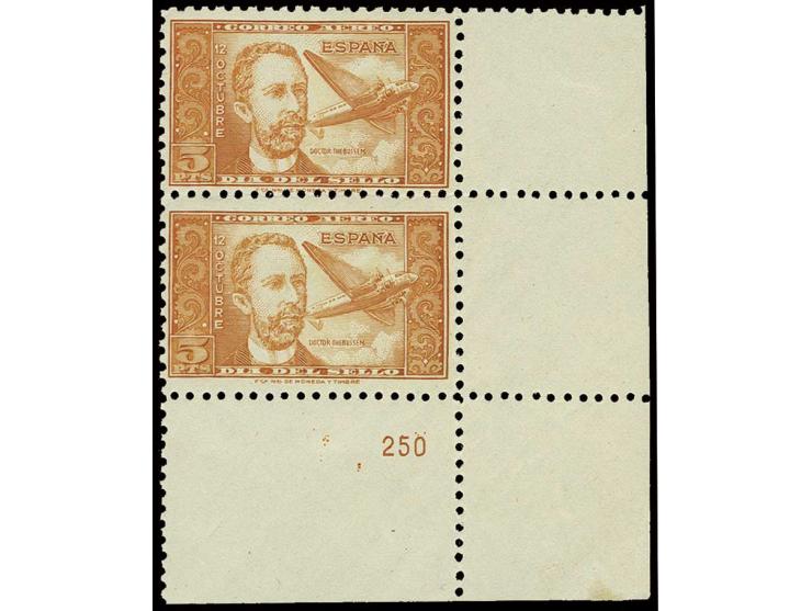 1944, Tag der Briefmarke 5 Pta., Probedruck in dunkelorange, senkrechtes Paar aus der rechten unteren Bogenecke, postfrisch, 