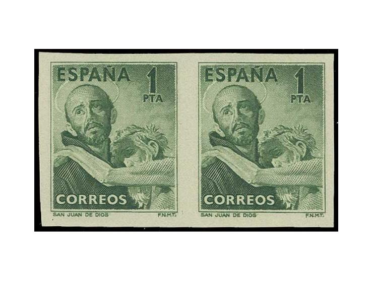 1950, San Juan de Dios 1 Pta., ungezähnter Probedruck in grün im waagerechten Paar, postfrisch, Pracht, Befund Graus für eine