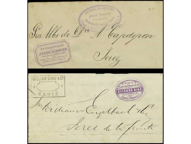 1884, 2 Briefe von Cadiz nach Jerez de la Frontera, befördert durch Privatkurier Ricardo Diaz mit zwei verschiedenen Aufklebe