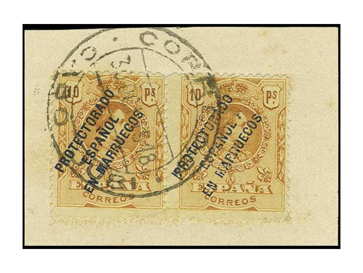 1915, Spanisch-Marokko 10 P. orange im waagerechten Paar mit Stempel "Correos/Cabo Jubi 30 OCT, 1918" auf Briefstück, Pracht,
