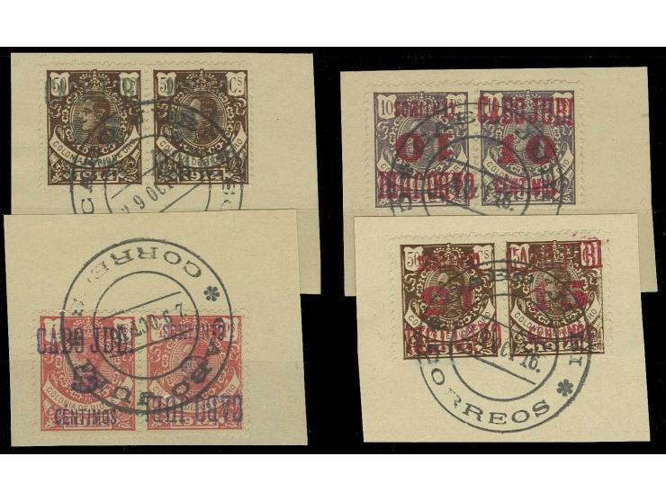 1916, 5 C. auf 4 P.-15 auf 50 C. kpl. in waagerechten Paaren, dabei jeweils ein Wert mit kopfstehendem Aufdruck, sauber geste