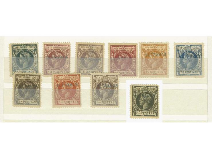 1905, Alfons XIII, 10 Werte ex 5 C.-5 Pta., Probedrucke mit rückseitigem Aufdruck "000.000" und vorderseitigem Handstempel "U