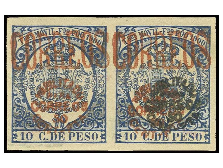 1900, 50 C. auf Fiskalmarke 10 C. blau, Aufdruck in rot, waagerechtes Paar, dabei die rechte Marke mit zusätzlichem Aufdruck 