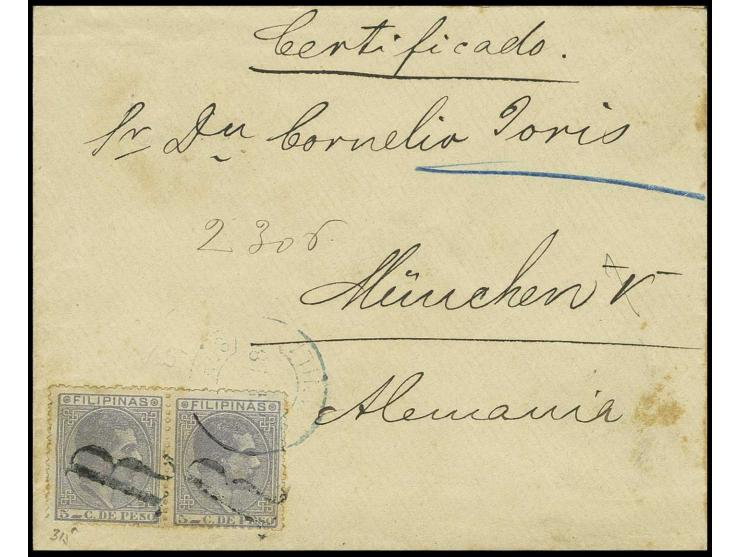 1880, 5 C. violettblau im waagerechten Paar mit "R" und blauem DKr. von Manila auf R-Brief nach München mit Transit- und Anku
